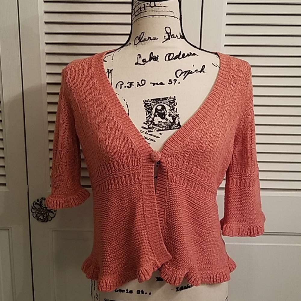 august silk Coral Pink Ruffled Knit Cardigan